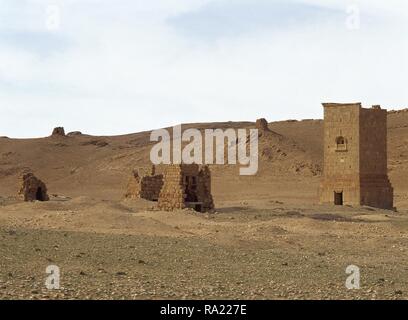 Syria. Palmyra. The Valley of the Tombs. Funerary tower. Oasis of Tadmor. ca. 1st century. Roman era. Photo taken before the Syrian civil war. Stock Photo
