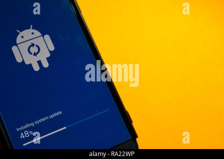 BEKASI, WEST JAVA, INDONESIA. JANUARY 3, 2019 : Android on blue screen. Installing system update Stock Photo