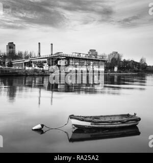 River Wear Fish Quay, fishing boat in foreground, looking across the calm river towards the National Glass Centre Stock Photo