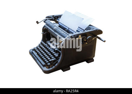 old vintage dust-covered typewriter with sheet of paper isolated on white background Stock Photo