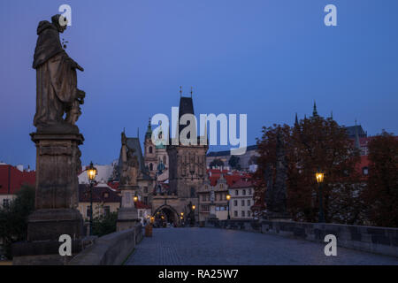 Dawn on Charles Bridge, Prague, Czech Republic Stock Photo