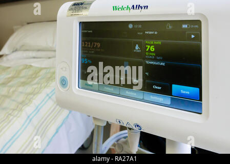 WelchAllyn blood pressure monitor in a hospital ward showing a normal blood pressure of 121/79, and a blood saturation level of 95%. Stock Photo