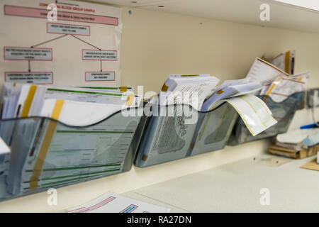 Forms for blood analysis in a hospital treatment room Stock Photo