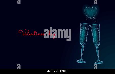 Two glasses of champagne with sparkles. Low poly polygonal blue glowing toasting romantic love date. Heart shape tender dating chin-chin couple Valentine day vector illustration Stock Vector