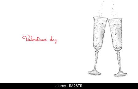 Two glasses of champagne with sparkles. Low poly polygonal white 3D toasting romantic love date. Heart shape tender dating chin-chin couple Valentine day vector illustration Stock Vector