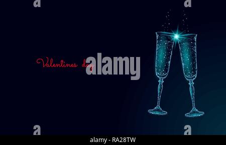 Two glasses of champagne with sparkles. Low poly polygonal blue glowing toasting romantic love date. Heart shape tender dating chin-chin couple Valentine day vector illustration Stock Vector