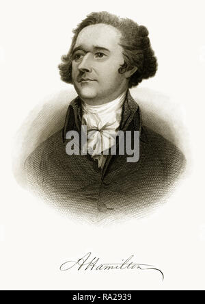 Very rare, beautifully detailed full length engraved portrait of Alexander Hamilton Historical Engraving, Published in 1872. Image also include his si Stock Photo