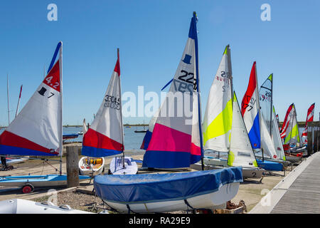 Moored yachts on Orford Quay, Orford, Suffolk, England, United Kingdom Stock Photo