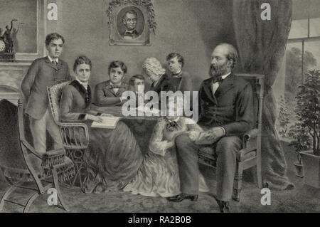 Garfield and his family -  Print shows James A. Garfield, full-length portrait, facing left, seated, with his family gathered around a table, with a portrait of Abraham Lincoln hanging on the wall in the background. 1881 Stock Photo