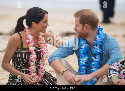 9 in series of 10. File photo dated 19/10/2018 of Prince Harry and Meghan Markle during a visit to South Bondi Beach in Sydney, on the fourth day of the royal couple's visit to Australia. Stock Photo