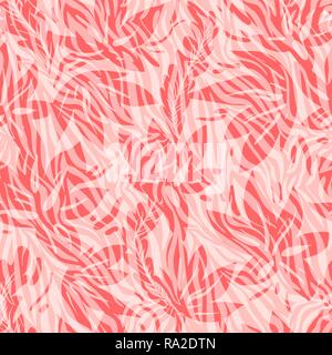 Vector seamless coral color background. Flowers and zebra striped ethnic pattern. Stock Vector