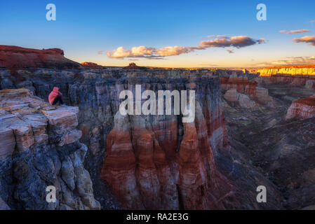 Boy enjoys the sunset at the Coal Mine Canyon in Arizona Stock Photo