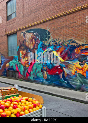 Mural and fruit for sale in street market, Chinatown, Toronto, Ontario, Canada Stock Photo