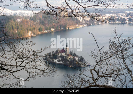 Framed in tree photo of Lake Bled with St. Marys Church of the Assumption on the small island Bled, Slovenia, Europe Stock Photo
