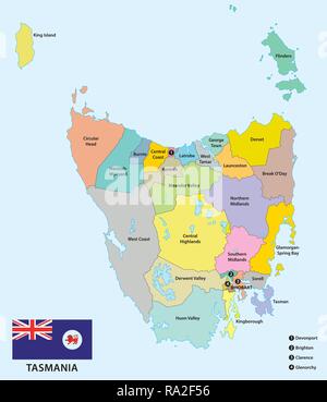 Administrative and political map of the 29 Local government areas of Tasmania with flag, Australia Stock Vector