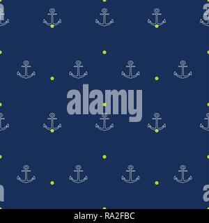 White anchors on blue with lime dots background vector seamless pattern. Stock Vector