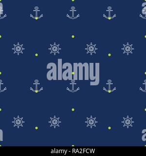 White wheels and anchors on blue with lime dots background vector seamless pattern. Stock Vector