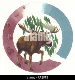 Watercolor painted moose on a multicolored round background Stock Photo