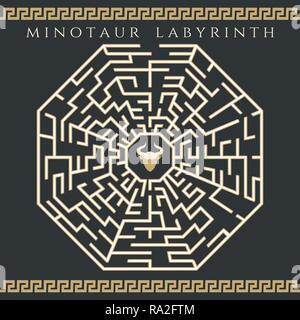 Maze enigma. Vector labyrinth game, ancient map jigsaw or circle rebus with minotaur icon Stock Vector