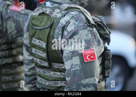 BUCHAREST, ROMANIA - December 1, 2018: Turkish soldiers, holding MPT 76 ...