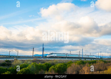 High speed train traveling near Madrid. Spain. Stock Photo