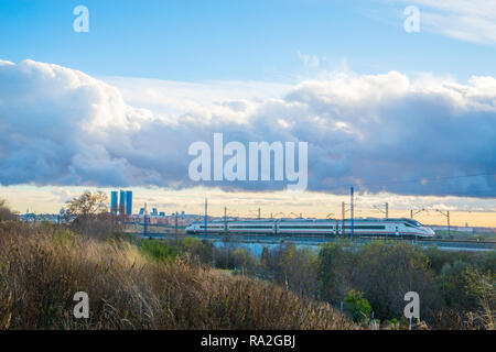 High speed train traveling near Madrid. Spain. Stock Photo