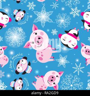 Seamless Christmas pattern of piglets and penguins on a blue background with snowflakes Stock Vector