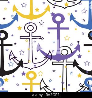 Vector seamless pattern with black white and multicolor large anchors with tiny stars and circles on white background. Great as a textile print, party Stock Vector