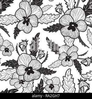 Floral Vector seamless pattern with black line pansies on white background. Retro Vintage style pattern. Perfect for weddings and anniversary cards Stock Vector