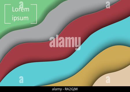 Wave and shadow loops are carved out of green, gray, burgundy, turquoise and yellow in color with a place for the inscription. Vector illustration. Stock Vector