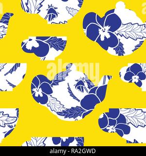 Vector teapot and cups with royal blue pansy pattern on yellow background. Floral vector repeat seamless pattern Stock Vector