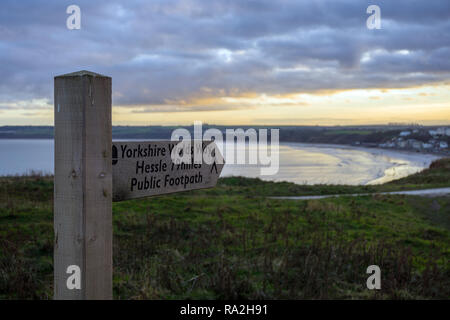 Wooden Sign to the Wolds Way, Filey Brigg, Filey North Yorkshire Stock Photo