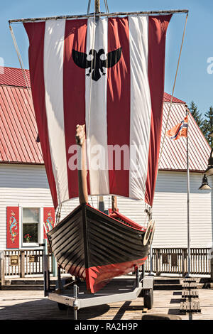 The Sons of Norway Hall Viking ship Vallhalla in Bojer Wikan Fishermens Memorial Park in Petersburg, Mitkof Island, Alaska. Petersburg settled by Norwegian immigrant Peter Buschmann is known as Little Norway due to the high percentage of people of Scandinavian origin. Stock Photo