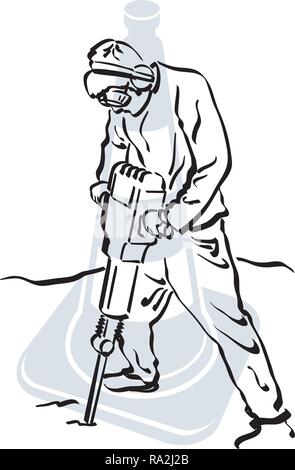 illustration of a road worker who is using a jackhammer on a road surface Stock Vector