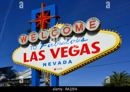 Cropped Close up of the vintage 'Welcome to Fabulous Las Vegas, Nevada' sign, a famous landmark in Las Vegas, NV at the entrance to Las Vegas Strip Stock Photo