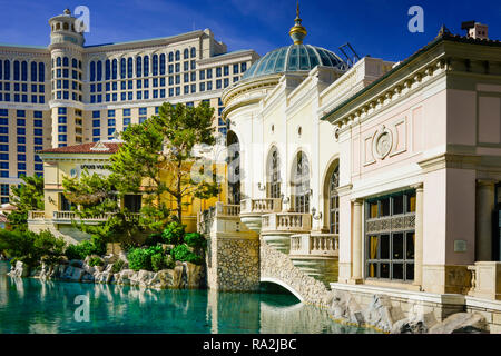 The Bellagio Casino and Hotel in the background with the Beautiful architectural details of the Forum Shops mall complex in Las Vegas, NV Stock Photo