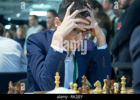 Moscow, Russia. 30th Dec, 2019. Wang Hao (L) of China and Alireza Firouzja  participating under the FIDE flag shake hands after the Blitz Open final at  2019 King Salman World Rapid 