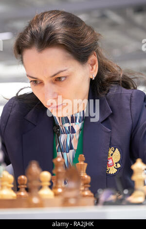 St. Petersburg, Russia - December 28, 2018: Ex-World Champion Alexandra Kosteniuk, Russia competes in King Salman World Rapid Chess Championship 2018. Stock Photo