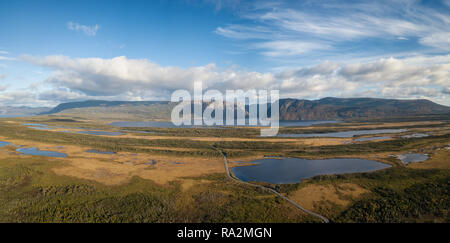 Aerial panoramic view of a beautiful Canadian Landscape during a vibrant sunny day. Taken in Newfoundland, Canada. Stock Photo