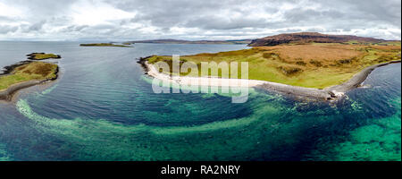 Aerial of the Clagain Coral Beach on the Isle of Skye - Scotland. Stock Photo