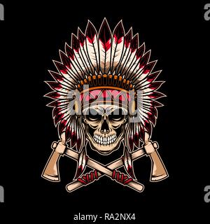 Native Indian Chief Skull With Crossed Tomahawks On White Background 