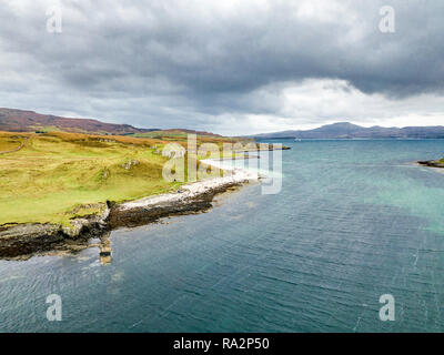 Aerial of the Clagain Coral Beach on the Isle of Skye - Scotland. Stock Photo