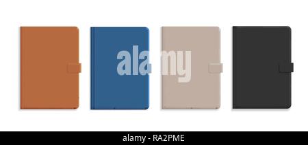 Set of realistic illustrations of leather diary, isolated on white background, with space for text - vector Stock Vector