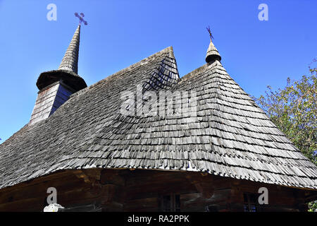 closeup of old wooden church roof with wood shingles Stock Photo