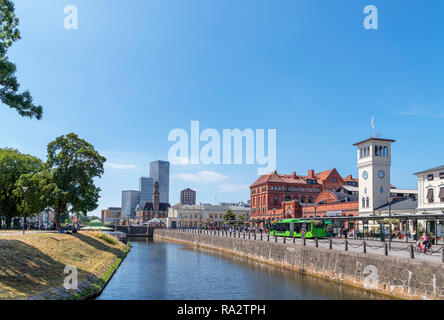 Hamnkanalen canal looking towards Central Station, Malmo, Scania, Sweden Stock Photo