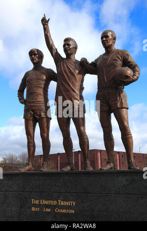 The United Trinity sculptor by Philip Jackson, Manchester United's 'Old Trafford' ground, Manchester, England, UK