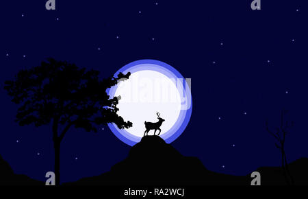 African jungle with its animals with Scenic backdrop.Deer landscape jungle silhouette vector art.Deer grunting at hilltop on blue gradient background. Stock Photo