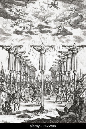 16th century Christian martyrs in Japan.  The engraving by French artist Jacques Callot, 1592-1635, which is dated 1627, may refer to either of two episodes of martyrdom in Nagasaki, Japan where, in 1597, 26 Christians were executed or in 1632, when 55 Christians were killed in what is known as the Great Genna Martyrdom. Stock Photo