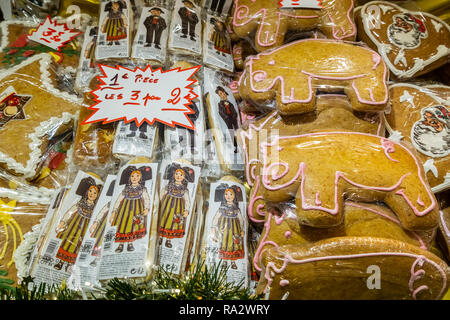 Traditional alsacian gingerbread cookies on sale at the Christmas market of Strasbourg, Alsace, France. Stock Photo