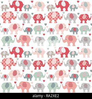 Cute red and green grown up and baby elephants with colorful hearts on white background Stock Vector